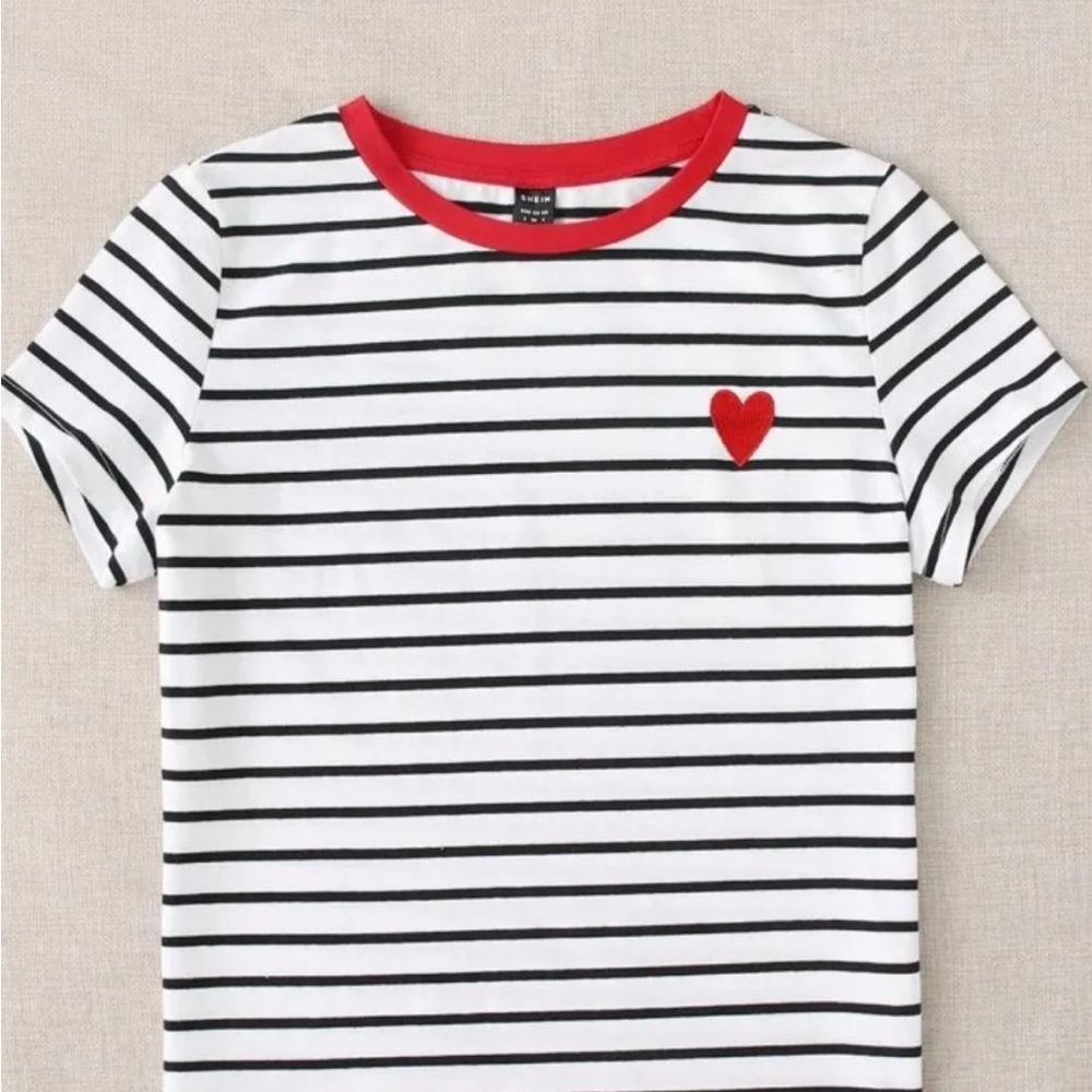 SHEIN Striped Tee with Red Heart Accent
